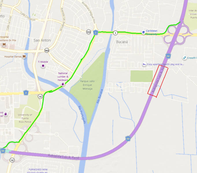 Mapa carriles cerrados Ponce