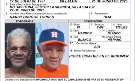 Continúa la búsqueda de adulto mayor desaparecido en Villalba; Policía mantiene activa Alerta Ashanti