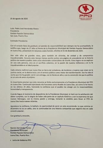 Alcalde de Juana Díaz anuncia su renuncia a la presidencia municipal del PPD