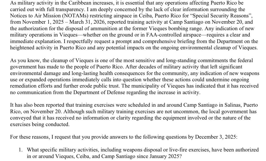 Comisionado Residente Exige una Sesión Informativa Inmediata al Pentágono Sobre Actividad Militar en Puerto Rico