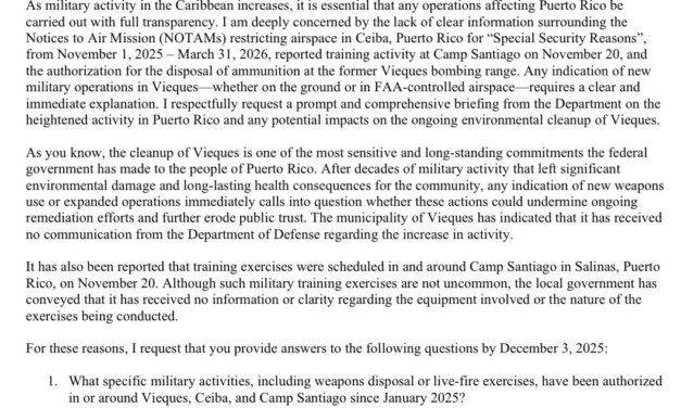 Comisionado Residente Exige una Sesión Informativa Inmediata al Pentágono Sobre Actividad Militar en Puerto Rico