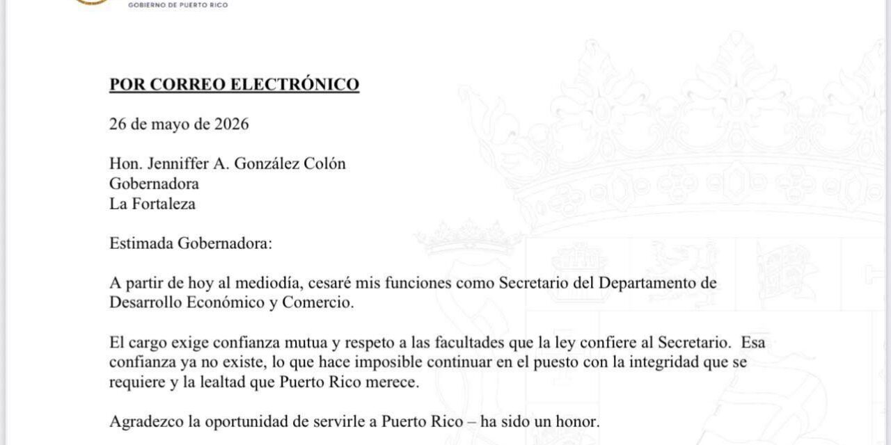 Renuncia secretario del Departamento de Desarrollo Económico y Comercio