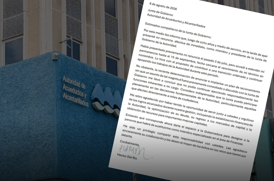 Presidente de la Junta de Gobierno de la AAA renuncia tras cuestionar manejo del racionamiento